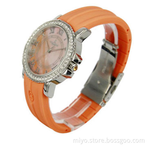 Promotional Silicone Analog Watch, MOP Dial, CZ Stones Case, Customized Logos are Welcome